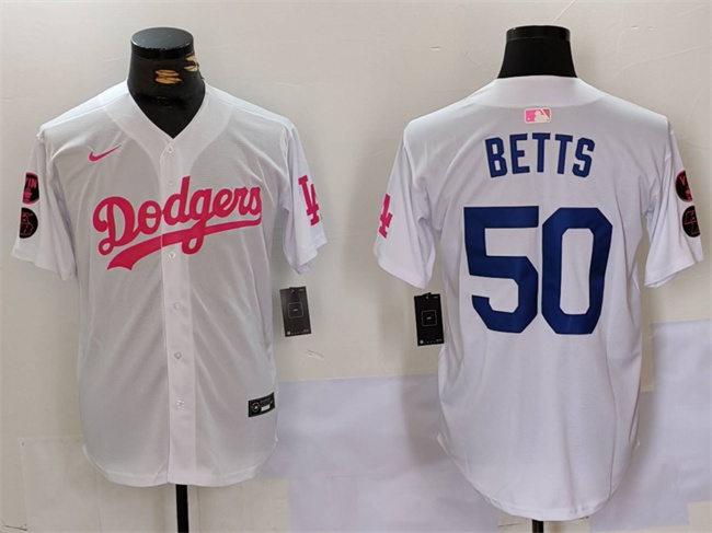 Men's Los Angeles Dodgers #50 Mookie Betts White/Pink Vin & Kobe Patch Stitched Baseball Jersey Men's Los Angeles Dodgers #50 Mookie Betts White/Pink Vin & Kobe Patch Stitched Baseball Jersey